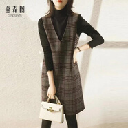 登森圖（DENGSENTU）毛呢背心裙秋冬小個(gè)子格子V領(lǐng)女2026春款復古氣質(zhì)感顯瘦無(wú)袖連衣 格紋 M 98斤內