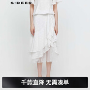 S.DEER圣迪奧女裝復古高腰肌理網(wǎng)紗荷葉邊傘裙S242Z1137 本白/9B M 165