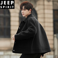 JEEP SPIRIT秋冬高級感羊毛雙面呢大衣男短款翻領(lǐng)夾克呢子上衣男士毛呢外套 黑色 M 110-125斤