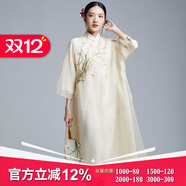 陌遇2025中式原創(chuàng  )氣質(zhì)繡花真絲歐根紗大碼旗袍茶藝連衣裙品牌女裝 米白 L