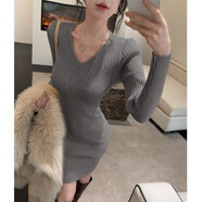 依樂(lè )琦極簡(jiǎn)V領(lǐng)御姐風(fēng)秋冬連衣褲辣妹顯瘦打底裙 灰色 均碼