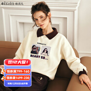 Olrain歐芮兒美式polo領(lǐng)衛衣女春裝新款復古撞色加絨上衣 杏色 XL