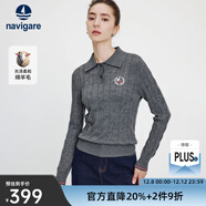 Navigare意大利小帆船羊毛衫女士秋冬款翻領(lǐng)毛衣內搭絞花毛衣刺繡打底衫女 暗巖灰 XL 52