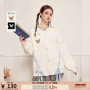 UNIFREE【明星同款】撞色綁帶毛衣針織衫甜美針織衫外套女帶胸針 白色 均碼