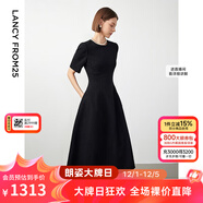 朗姿【Basic衣櫥】小香風(fēng)法式赫本風(fēng)波點(diǎn)小黑裙女收腰高智連衣裙 黑色 M