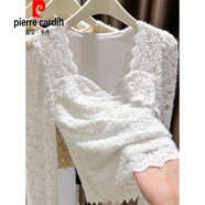皮爾卡丹（pierre cardin）歐貨加絨蕾絲打底衫女長(cháng)袖秋冬韓國女裝磨毛內搭小衫波浪v領(lǐng)上衣 白色 S