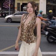 gusty歐美ins風(fēng)豹紋亮片掛頸吊帶背心純欲辣妹夜店風(fēng)深V露背上衣 褐色 S