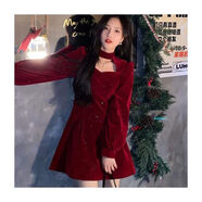 依樂(lè )琦2025秋冬季禮服圣誕氣質(zhì)紅色時(shí)尚純色絲絨方領(lǐng)裙 219#紅色【版】 L