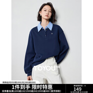 初語(yǔ)拼接假兩件襯衫衛衣女25春秋新款知識分子時(shí)尚polo領(lǐng)上衣情侶 黑藍色 M