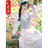 妃思洛2025新款連衣裙秋冬文藝森女系減齡刺繡田園風(fēng)拼接假兩件中長(cháng)裙 連衣裙+頭巾 S