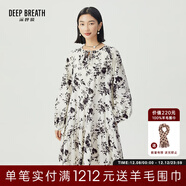 深呼吸DEEP BREATH女裝復古高腰印花燈籠袖連衣裙傘裙A500367 杏-黑碎花 M (3碼)