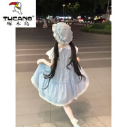 啄木鳥(niǎo)（TUCANO）日系卡哇伊時(shí)尚娃娃領(lǐng)刺繡小貓短款春秋短裙飛飛袖格紋a字連衣裙 藍色 L 【關(guān)注店鋪送小禮物】