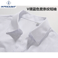 IMPRESSWIT銀行工裝襯衣2022女藍白條紋襯衫短袖職業(yè)工裝行服 女士V領(lǐng)藍色寬條紋短袖 38/XL