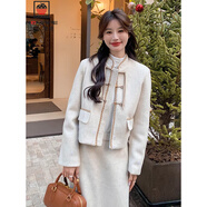 AEMAPE紅色國風(fēng)新中式毛呢套裝連衣裙女2025春季新款氣質(zhì)短外套兩件裝 米白 S 推薦 95-110斤