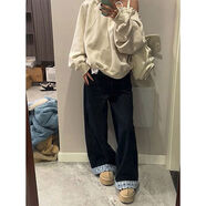 300斤大碼韓系ins藍色牛仔褲女胖mm設計感格子翻邊顯瘦闊腿長(cháng)褲 深藍色款后帶松緊腰 4XL 4XL建議180斤-210斤