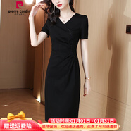 皮爾卡丹氣質(zhì)V領(lǐng)黑色長(cháng)裙連衣裙女夏季2025新款高端收腰修身顯瘦一步裙子 黑色 XL 115-130斤