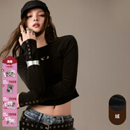 CHUU字母刺繡T恤女2025冬季新品修身磨破做舊喇叭袖套頭短款上衣 黑色 M -00