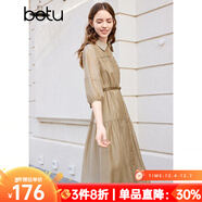 百圖betu女裝春季新款連衣裙復古寬松法式收腰顯瘦連衣裙2402T84 卡其色 XS