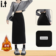 :CHOCOOLATE  it女裝毛呢半身中長(cháng)裙女冬季新款高腰a字包臀裙開(kāi)叉直筒一步裙 黑色【加絨】 L