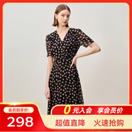 敦奴（DUNNU）dunnu敦奴2024夏季新款中長(cháng)款法式V領(lǐng)雪紡印花連衣裙女 正黑色 L
