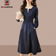 AEMAPE氣質(zhì)長(cháng)袖連衣裙春秋季2026新款洋氣V領(lǐng)裙子舒適氣質(zhì)女裝裙子 藏青色 M 80-90斤