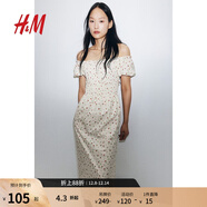 H&M女裝花卉連衣裙秋季花朵泡泡一字肩短袖植物印花長(cháng)裙1230970 奶油色/碎花 S 160/88
