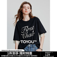 初語(yǔ)立體字母圓領(lǐng)T恤女2025夏季新款拼接蕾絲短袖寬松棉質(zhì)上衣 黑色 L