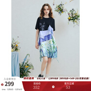 兩三事鳶海迷舞 2025夏季新款文藝風(fēng)壓褶拼布印花刺繡t恤裙連衣裙 黑藍花-y S