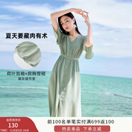 香影v領(lǐng)雪紡連衣裙女2025夏季新款荷葉袖單排扣收腰過(guò)膝垂感裙子 荷綠 S