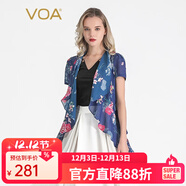 VOA真絲印花雪紡圍巾領(lǐng)短袖波浪邊輕薄開(kāi)衫百搭桑蠶絲外套 B027 藍底牡丹（Q89） M