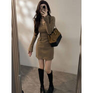 法式時(shí)尚V領(lǐng)假口袋連衣裙女秋冬感御姐純欲性感顯瘦包臀短裙 奶咖色 S S建議80-100斤
