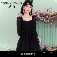 糖力【商場(chǎng)同款】春秋季新款長(cháng)袖收腰顯瘦植絨網(wǎng)紗花苞連衣裙女 黑色 M