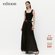 edition連衣裙女新款拼接背心雪紡壓褶黑色收腰長(cháng)裙 黑色 S