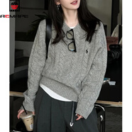 AEMAPE圓領(lǐng)刺繡復古麻花毛衣女2025秋冬新款慵懶風(fēng)針織衫休閑百搭上衣女 灰色 M 100-115斤