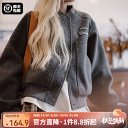 馬登格雷系加厚棒球服外套短款毛呢感重磅呢子上衣秋冬大口袋女士夾克 深灰色 S （80-100斤）