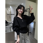 念琢新款綠茶秋冬韓系氛圍感設計感蝙蝠袖V領(lǐng)綁帶長(cháng)袖針織毛衣衫 黑色 均碼 （80-130