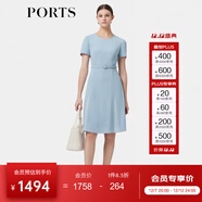 PORTS寶姿女裝春夏新品溫柔風(fēng)氣質(zhì)短袖圓領(lǐng)中長(cháng)三醋酸連衣裙 天空藍-1 S (4)