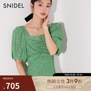 SNIDEL春夏甜美氣質(zhì)方領(lǐng)泡泡袖收腰碎花連衣裙SWFO241084 綠色 S （0）
