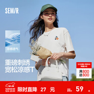 森馬（Semir）迪士尼短袖t恤女中長(cháng)款寬松圓領(lǐng)上衣25夏新款涼感重磅刺繡打底衫 本白10102 S