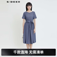 S.DEER圣迪奧夏季女個(gè)性復古圓領(lǐng)壓褶不規則短袖連衣裙S24281205 灰鈷藍/74 S 160