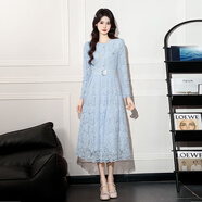 赫小本香風(fēng)法式輕奢名媛釘珠長(cháng)袖蕾絲連衣裙洋氣少女小禮服 藍色 M