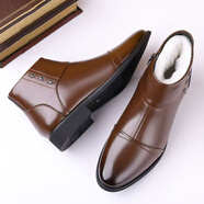 格羅堡男士加絨保暖切爾西靴英倫風(fēng)時(shí)尚潮流一腳蹬休閑商務(wù)皮鞋中幫棉鞋 棕色 40