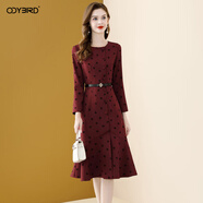 歐迪鳥(niǎo)（ODYBIRD）優(yōu)雅氣質(zhì)印花連衣裙女2025秋季新款修身顯瘦中長(cháng)款紅色魚(yú)尾裙 紅色 M