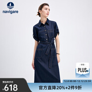 Navigare意大利小帆船女士短袖牛仔連衣裙25夏季新品純棉襯衫裙百搭長(cháng)裙子 海軍藍 XL