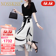 NOSSKISS奢侈高檔品牌短袖連衣裙女2025夏季新款收腰氣質(zhì)顯瘦小個(gè)子中長(cháng)裙 圖片色 L （100-110斤）