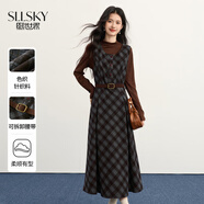 熙世界（sllsky）復古風(fēng)格子背心連衣裙女2025秋冬新款收腰無(wú)袖針織長(cháng)裙 咖格 M