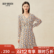 深呼吸DEEP BREATH女裝印花造型洋裝高腰雪紡連衣裙A500189 杏底藍花 S (2碼)