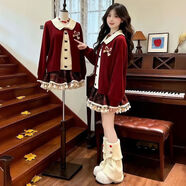 日系甜美學(xué)院風(fēng)穿搭圣誕新年氛圍紅色娃娃領(lǐng)毛衣搭配格子半身短裙 【套裝】紅色毛衣+格紋短裙 S 【75-90】斤