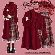 中國新年紅茶式高直穿繆紅連衣裙2025秋冬女式新年襯衫格紋裙 紅色外套配兔子胸針+紅色高領(lǐng)毛衣+紅色格子半身裙  L