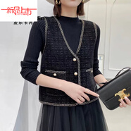 啄木鳥(niǎo)（TUCANO）小香風(fēng)黑色打底針織連衣裙女秋冬修身顯瘦純色百搭網(wǎng)紗拼接毛衣裙 金絲線(xiàn)馬甲黑色 均碼 85-135斤